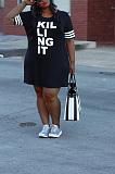 Black Plus Size Round Neck Letter Print Loose Dress TC067