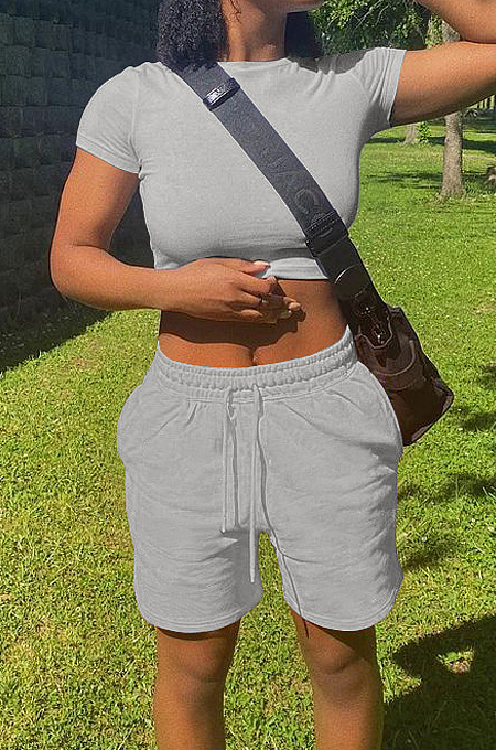 Casual Have Pocket Pure Color T-Shirt Shorts Sports Sets ALS251
