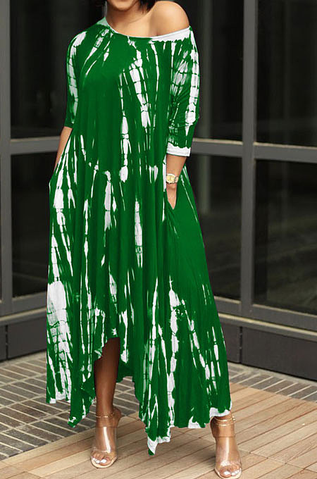 Open Fork Skirt's Hemline Loose Tie Dye Pocket Long Dress RMH8923
