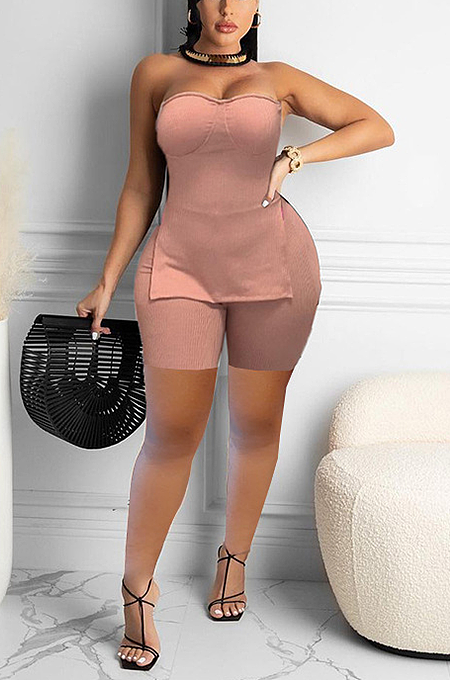Sexy Pure Color Casual Slit Chest Wrap Shorts  Sets  HAA9079