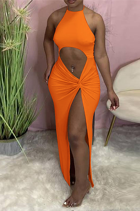 Hanging Neck Straps With Navel Kink High Slits Long Dress HAA9081