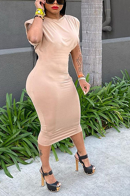 Trendy Sexy Pure Color Sleeveless Shoulder Padded Long Dress MLD5048
