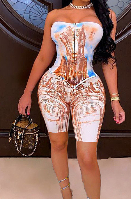 Sexy Oil Painting Positioning Print Zipper Boob Tube Top Two-Piece MN8365