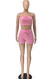Sexy Bandeau Bra Dew Waist Casual Open Fork Shorts Pure Color Two-Pieces NRS8063