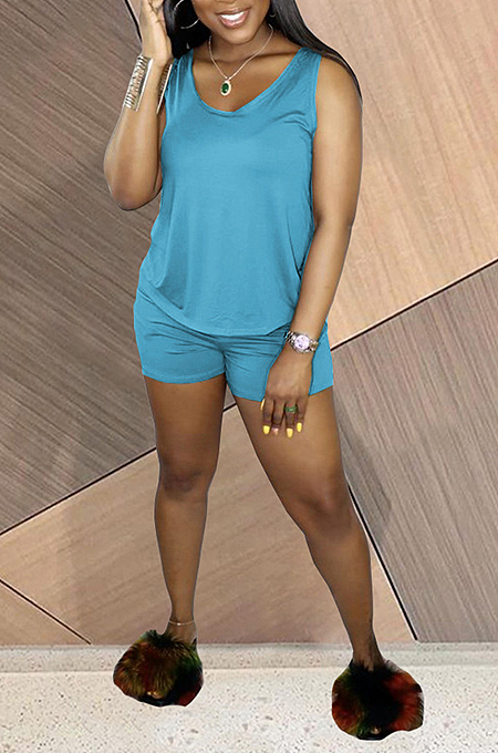 Summer Casual Pure Color U-Neck Vest Soft Shorts Sets HAA9082