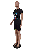 Casual Black Letter Print short Sleeve sport Jumpsuits AMX6006