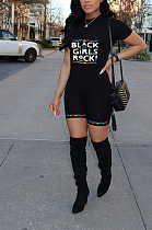Casual Black Letter Print short Sleeve sport Jumpsuits AMX6006