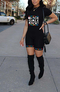 Casual Black Letter Print short Sleeve sport Jumpsuits AMX6006