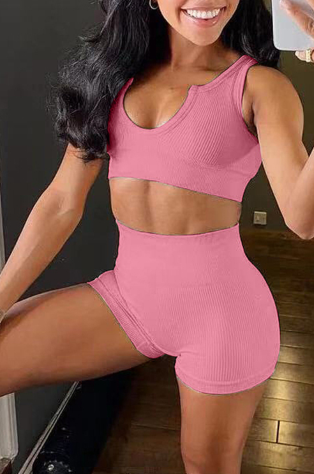 Sexy Pure Color Deep V Screw Thuead Sports Two-Piece YX9281