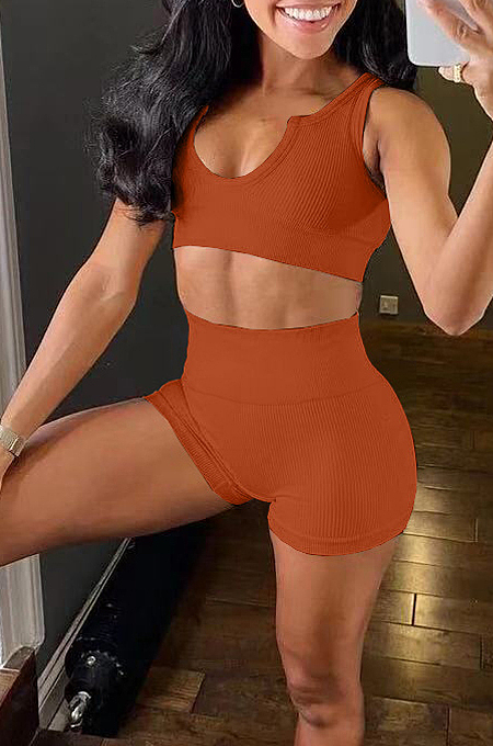 Sexy Pure Color Deep V Screw Thuead Sports Two-Piece YX9281