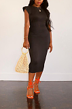 Trendy Sexy Pure Color Sleeveless Shoulder Padded Long Dress MLD5048