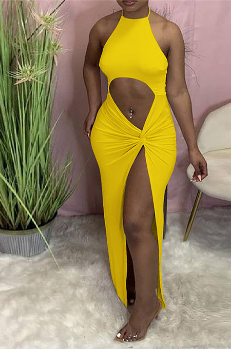 Hanging Neck Straps With Navel Kink High Slits Long Dress HAA9081