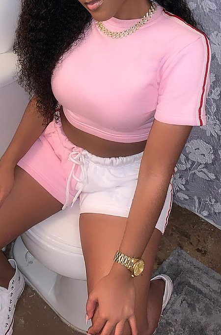 Fashion Casual Spliced Short Sleeve Shorts Two-Piece RZ1063