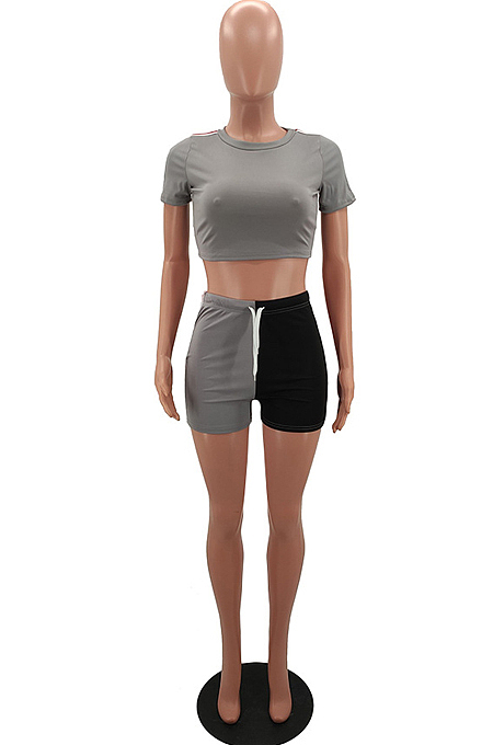 Fashion Casual Spliced Short Sleeve Shorts Two-Piece RZ1063
