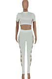 Personality Pure Color Hole Pants Sets AYW8008