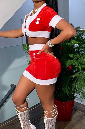 Sexy Contrast Color Spliced Short Sleeve Short Skirt Two-Piece JLX6893