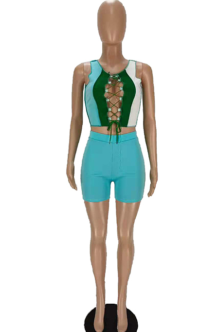 Euramerican Contrast Color Spliced Bind Hollow Out Two-Piece MN8361