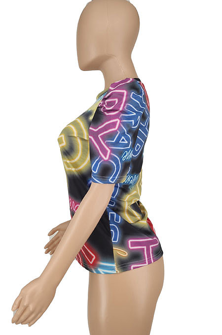 Women Colorful Letter Printing Short Sleeve Ruffle Fashion T Shirts BLK1109