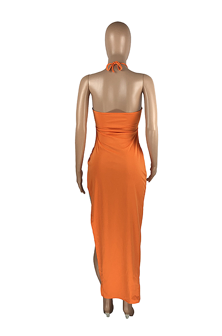 Hanging Neck Straps With Navel Kink High Slits Long Dress HAA9081
