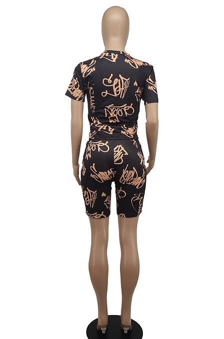 Euramerican Trendy Printing Short Sleeve Shorts Sets BLK3106