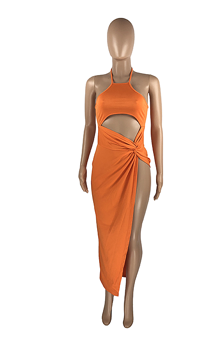 Hanging Neck Straps With Navel Kink High Slits Long Dress HAA9081