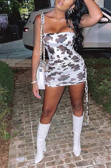 Euramerican Fashion Sexy Drawstring Print Slip Mini Dress AMX6018