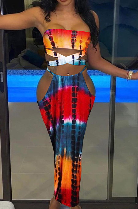 Summer Tie Dye Print Chest Wrap Long Dress Two-Piece YZL842 