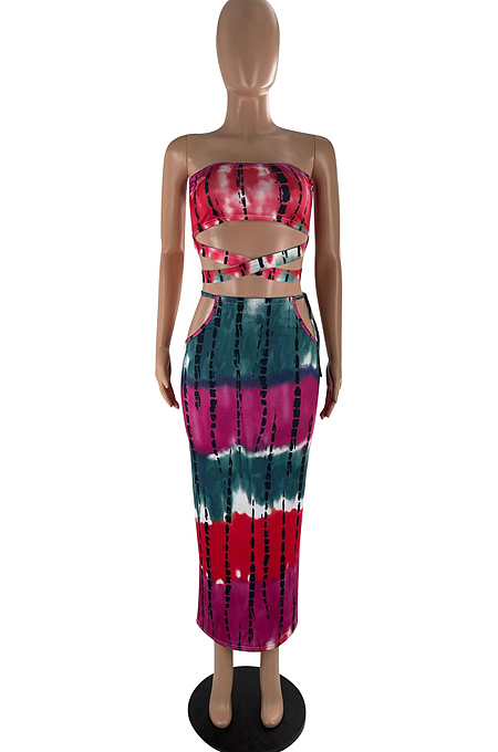 Summer Tie Dye Print Chest Wrap Long Dress Two-Piece YZL842 