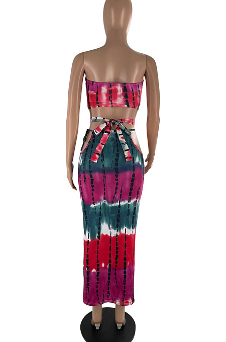 Summer Tie Dye Print Chest Wrap Long Dress Two-Piece YZL842 