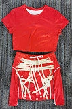 Fashion Drawsting Printing Dew Waist Short Sleeve Skirts Sets AA5234