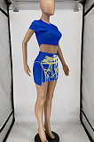 Fashion Drawsting Printing Dew Waist Short Sleeve Skirts Sets AA5234
