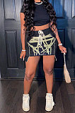 Fashion Drawsting Printing Dew Waist Short Sleeve Skirts Sets AA5234