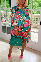 Women Loose Fashion Print Button Long Sleeve Shirt Dress ZZS8386