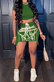 Fashion Drawsting Printing Dew Waist Short Sleeve Skirts Sets AA5234