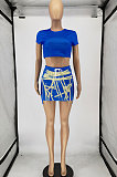 Fashion Drawsting Printing Dew Waist Short Sleeve Skirts Sets AA5234