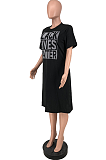 Euramerican Casual Letter Ptint Black Short Sleeve Dress ZZS8383