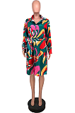 Women Loose Fashion Print Button Long Sleeve Shirt Dress ZZS8386