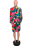 Women Loose Fashion Print Button Long Sleeve Shirt Dress ZZS8386