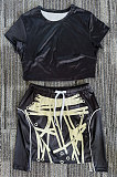 Fashion Drawsting Printing Dew Waist Short Sleeve Skirts Sets AA5234