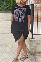 Euramerican Casual Letter Ptint Black Short Sleeve Dress ZZS8383