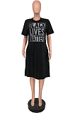 Euramerican Casual Letter Ptint Black Short Sleeve Dress ZZS8383