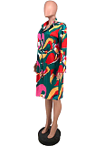 Women Loose Fashion Print Button Long Sleeve Shirt Dress ZZS8386