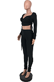 Fashion Black Pull Rope Sexy Solid Color Long Sleeve Pant sets ZZS8374