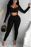 Fashion Black Pull Rope Sexy Solid Color Long Sleeve Pant sets ZZS8374