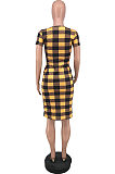  Euramerican Casual Short Sleeve Slim Plaid Midi Dress ZZS8380