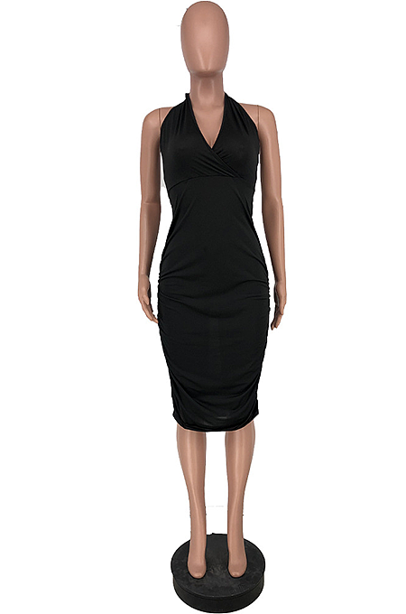Fashion Black Sexy Pleated  Neck Hanging Dress ZZS8375