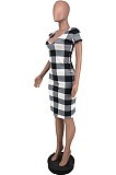  Euramerican Casual Short Sleeve Slim Plaid Midi Dress ZZS8380