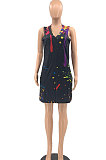 Women Positioning Ink Jet V Neck Sleeveless Mini Dress JR3622