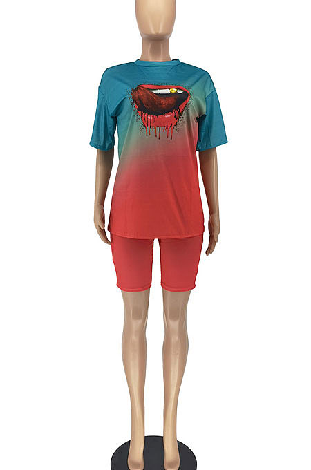 Women Fashion Gradual Change Lip Printing Shorts Sets AA5242
