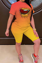 Women Fashion Gradual Change Lip Printing Shorts Sets AA5242